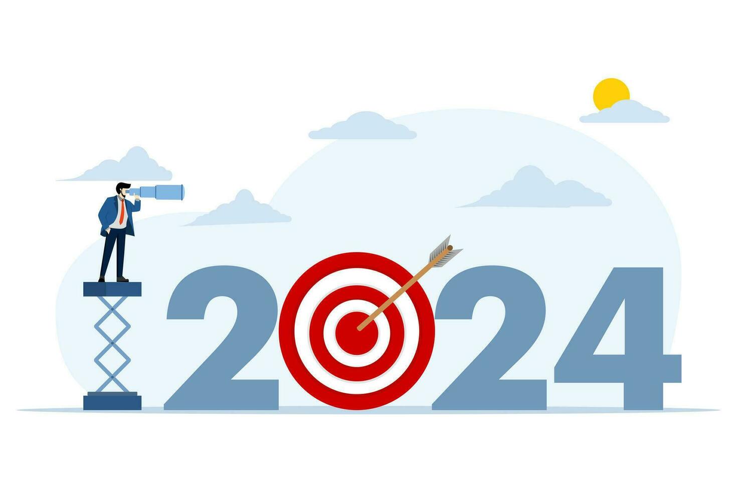 Concept of strategic action planning in new year 2024, setting business goals to reach the top, vision for business development or future career, man standing in 2024 and looking through binoculars. vector