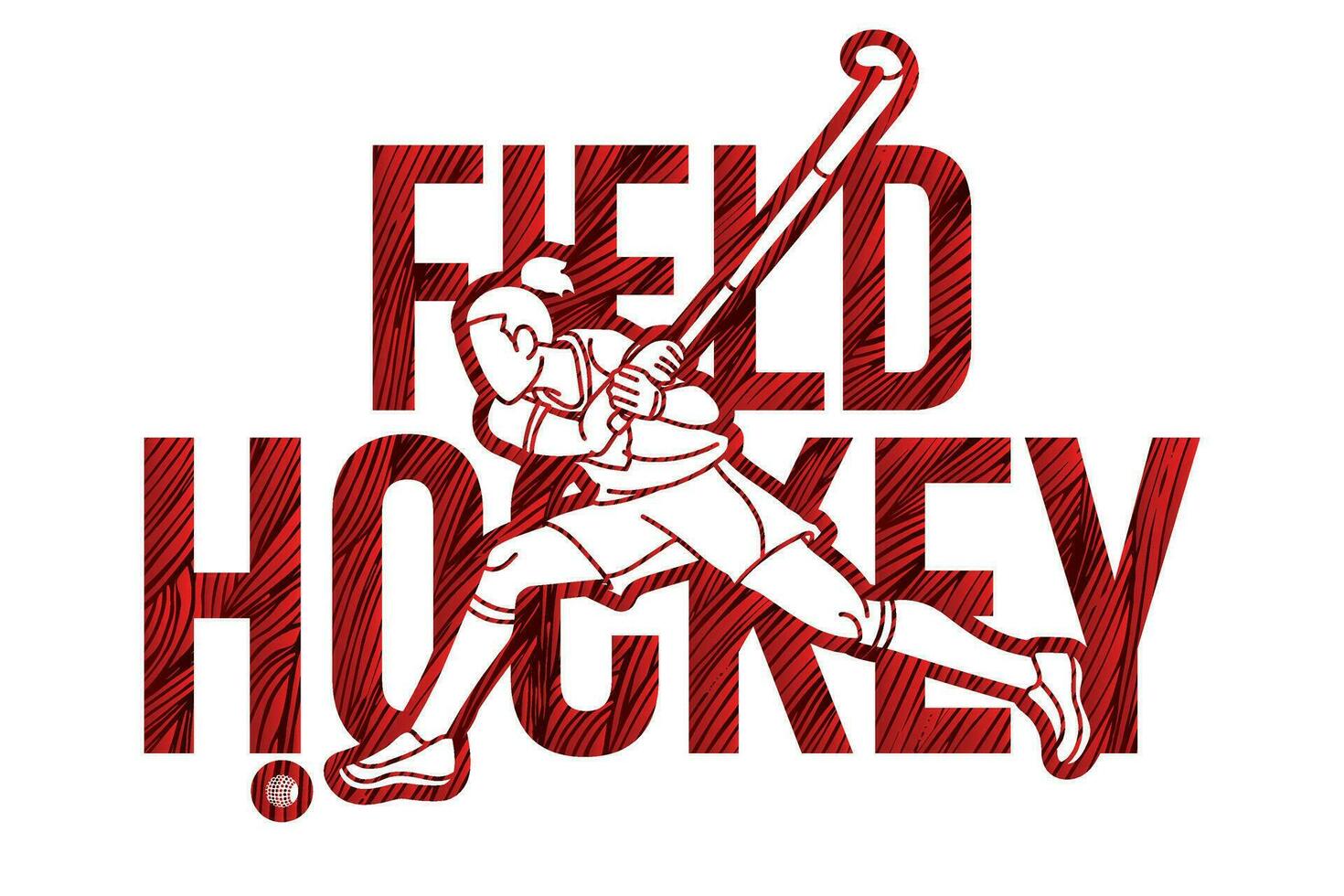 Field Hockey Text Design with Female Player Action Cartoon Graphic Vector