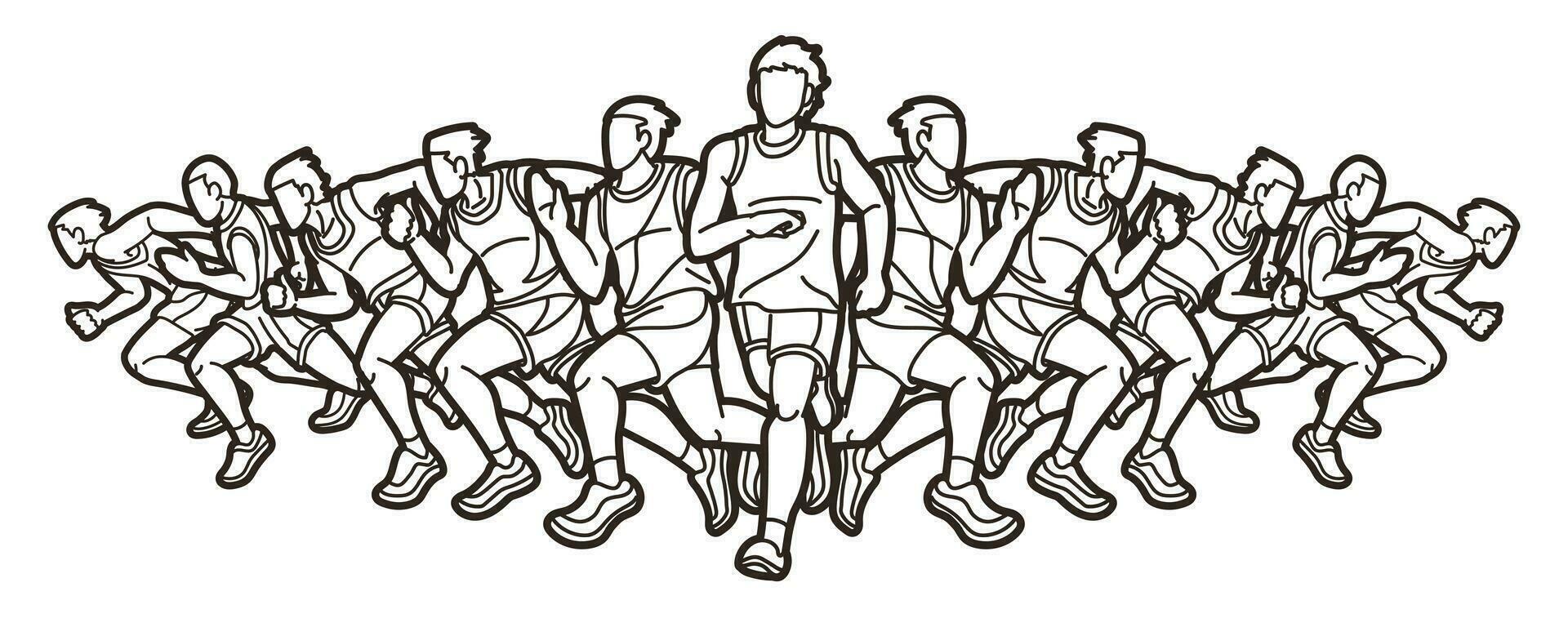 contorno grupo de personas comienzo corriendo hombres corredor juntos maratón corriendo dibujos animados deporte gráfico vector