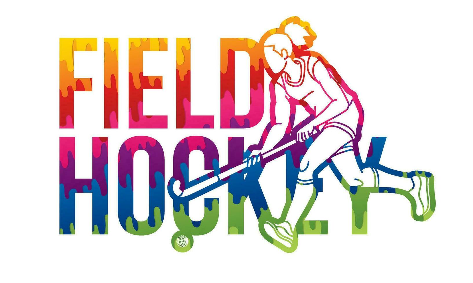 Field Hockey Colorful Font Design with Female Player Action Cartoon Graphic Vector