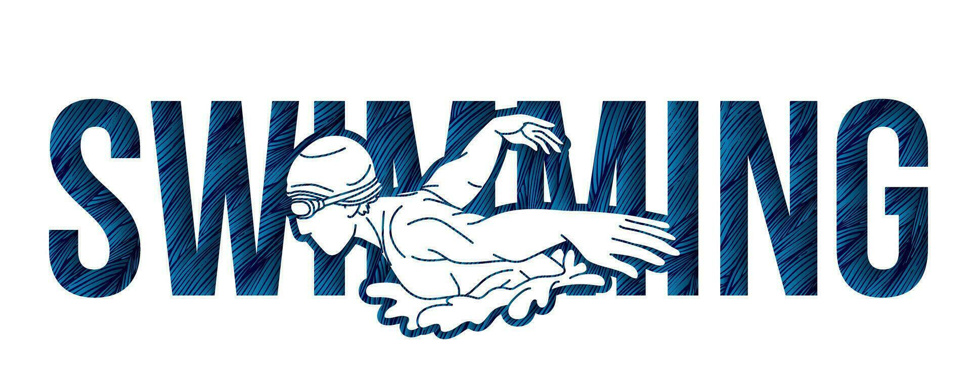 Swimming Text with Swimmer Action Cartoon Sport Graphic Vector
