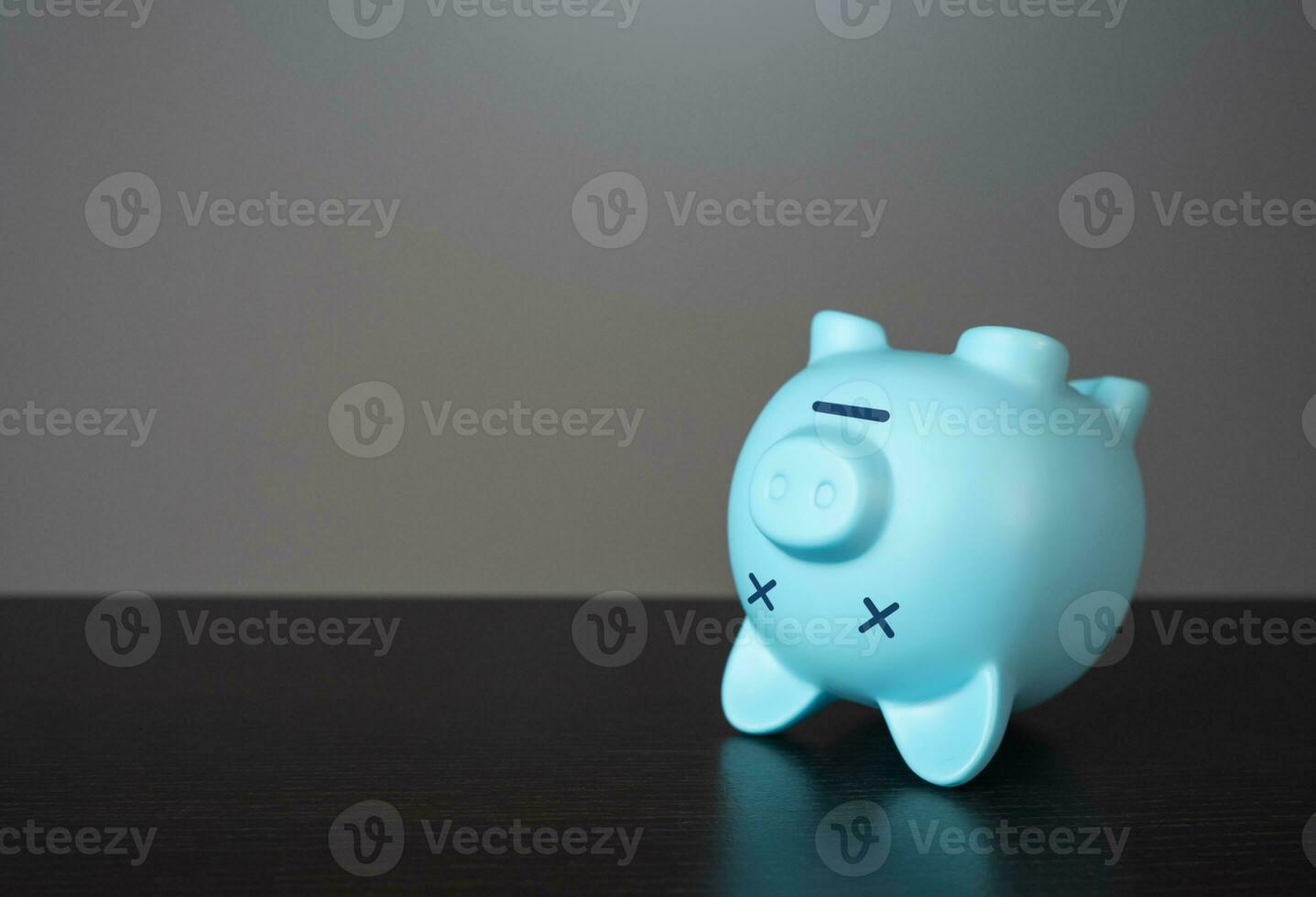 Dead pig piggy bank. Financial crisis, end of savings, bankruptcy. Devaluation, inflation. Impoverishment. Refinancing restructuring of debts. Economic depression. photo