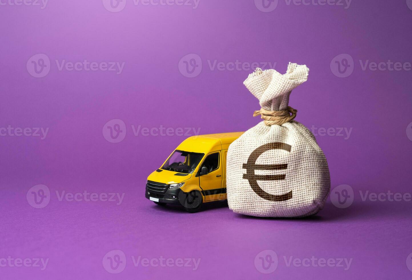 Euro money bag and delivery van. Freight transportation. Logistics industry, driver shortages. Last-mile delivery services. Supply chain resilience. Invest in electric and autonomous vehicles. photo