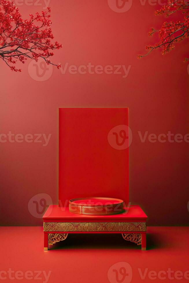 Generative AI, Red podium with lantern chinese new year and gift box product stand podium background pedestal 3d photo