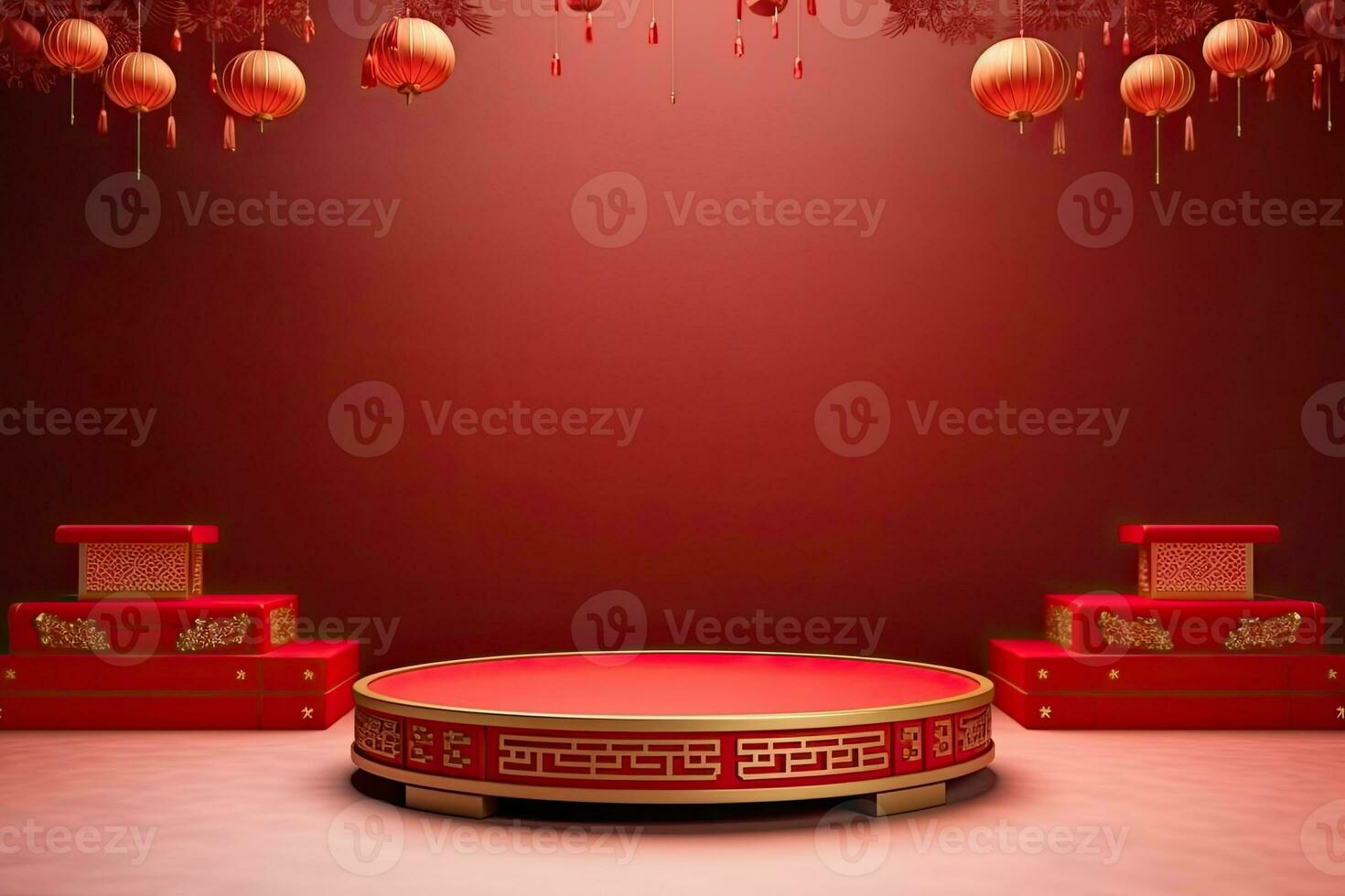 Generative AI, Red podium with lantern chinese new year and gift box product stand podium background pedestal 3d photo