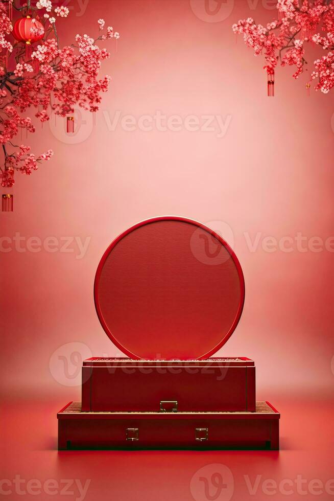 Generative AI, Red podium with lantern chinese new year and gift box product stand podium background pedestal 3d photo