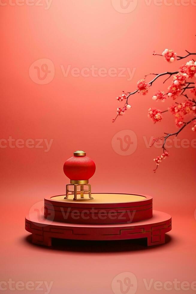 Generative AI, Red podium with lantern chinese new year and gift box product stand podium background pedestal 3d photo