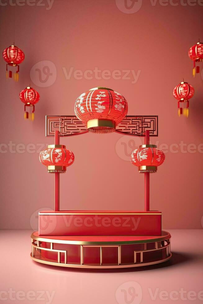 Generative AI, Red podium with lantern chinese new year and gift box product stand podium background pedestal 3d photo