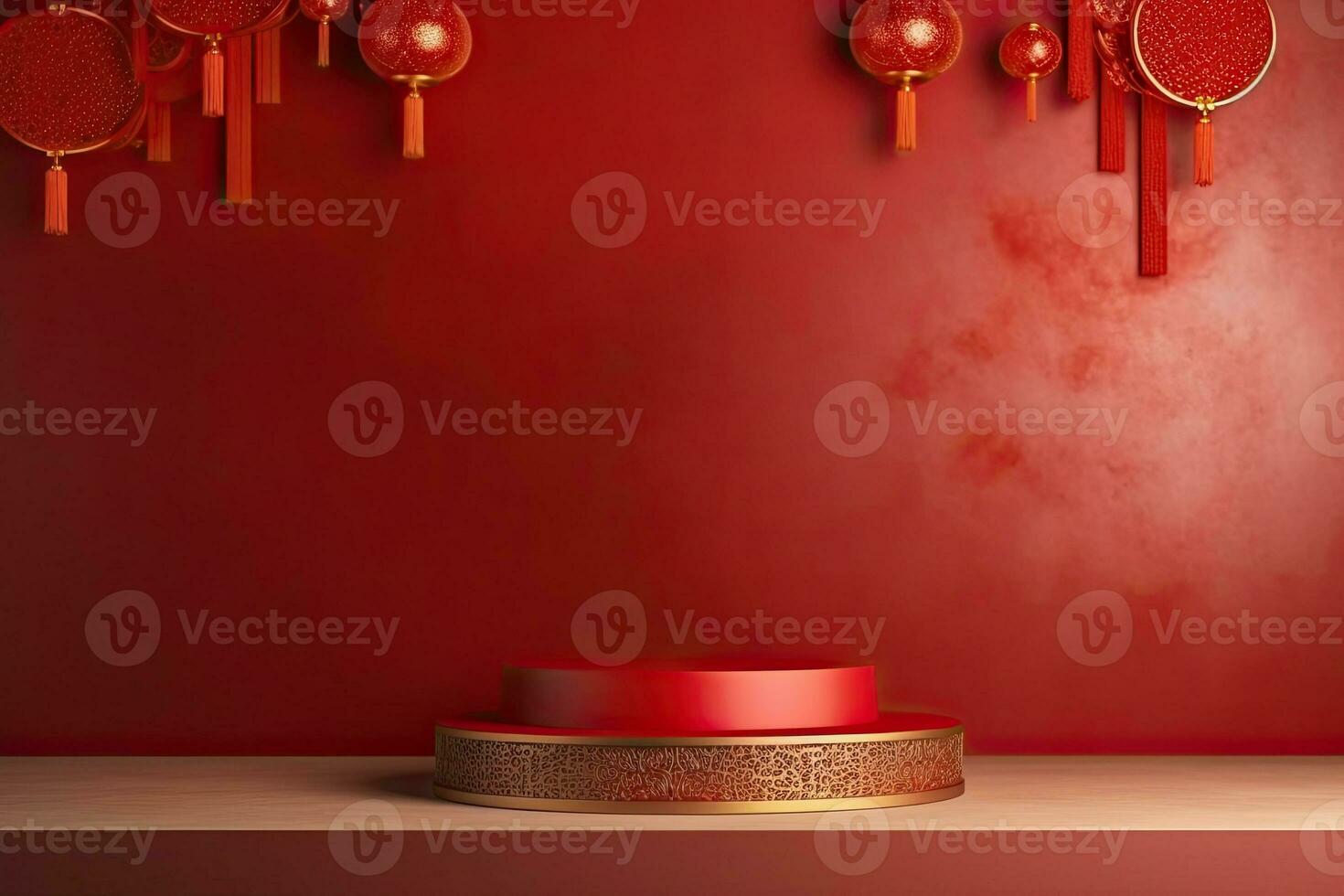 Generative AI, Red podium with lantern chinese new year and gift box product stand podium background pedestal 3d photo
