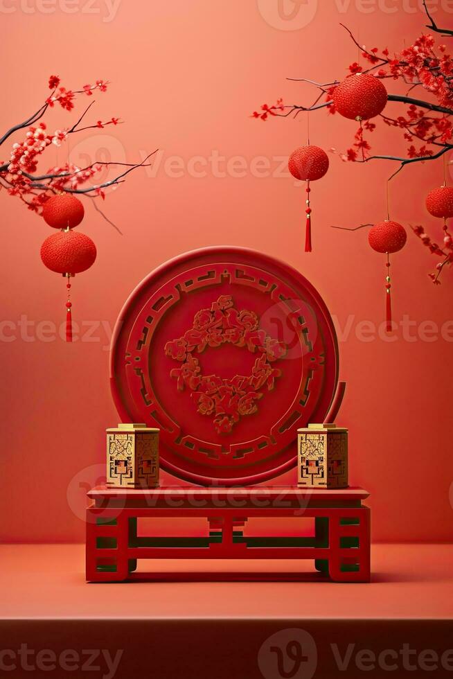 Generative AI, Red podium with lantern chinese new year and gift box product stand podium background pedestal 3d photo