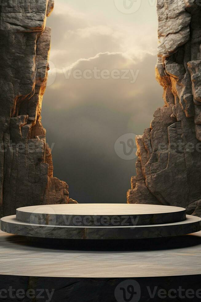 Generative AI, a rock or stone podium nature pedestal stage product display background, empty display showroom photo