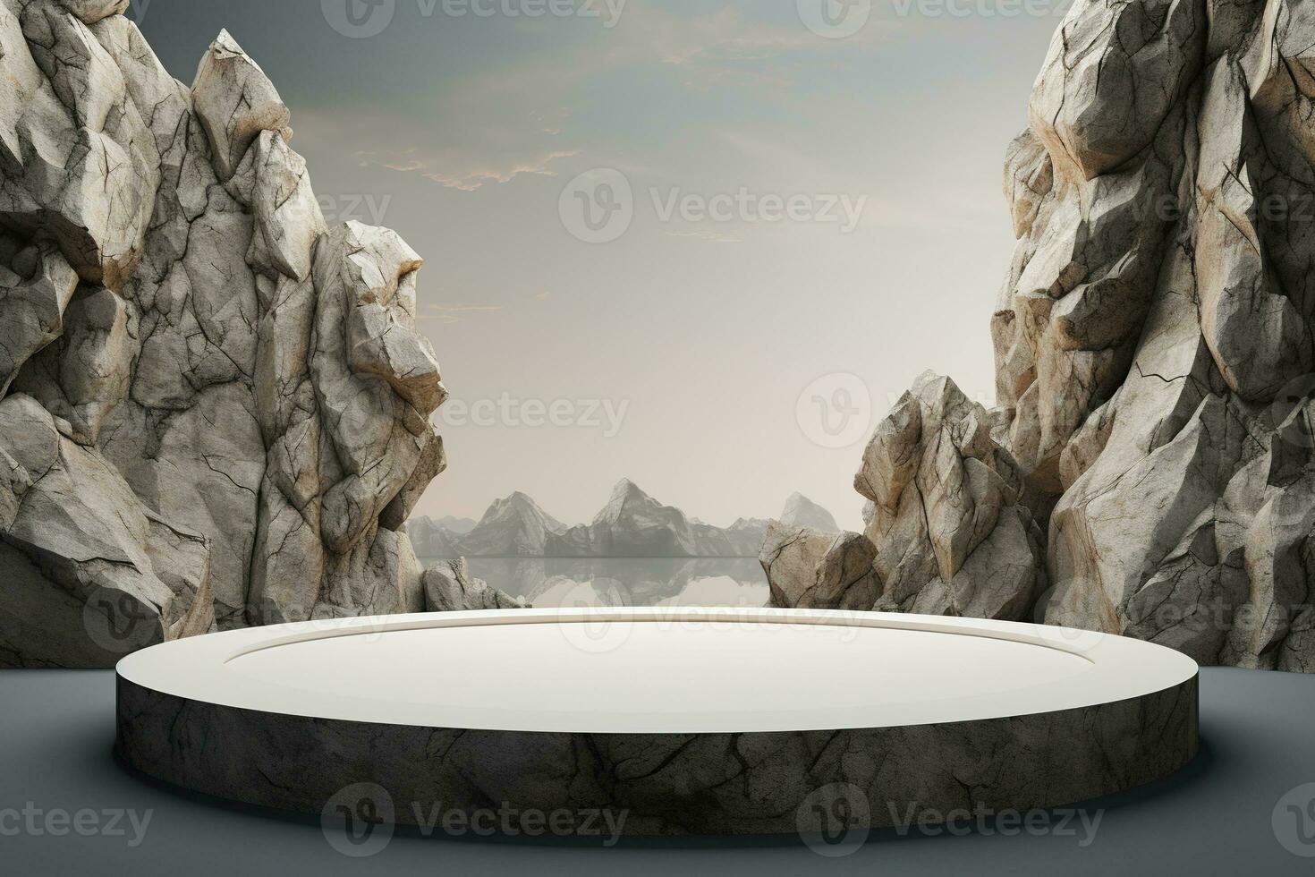 Generative AI, a rock or stone podium nature pedestal stage product display background, empty display showroom photo