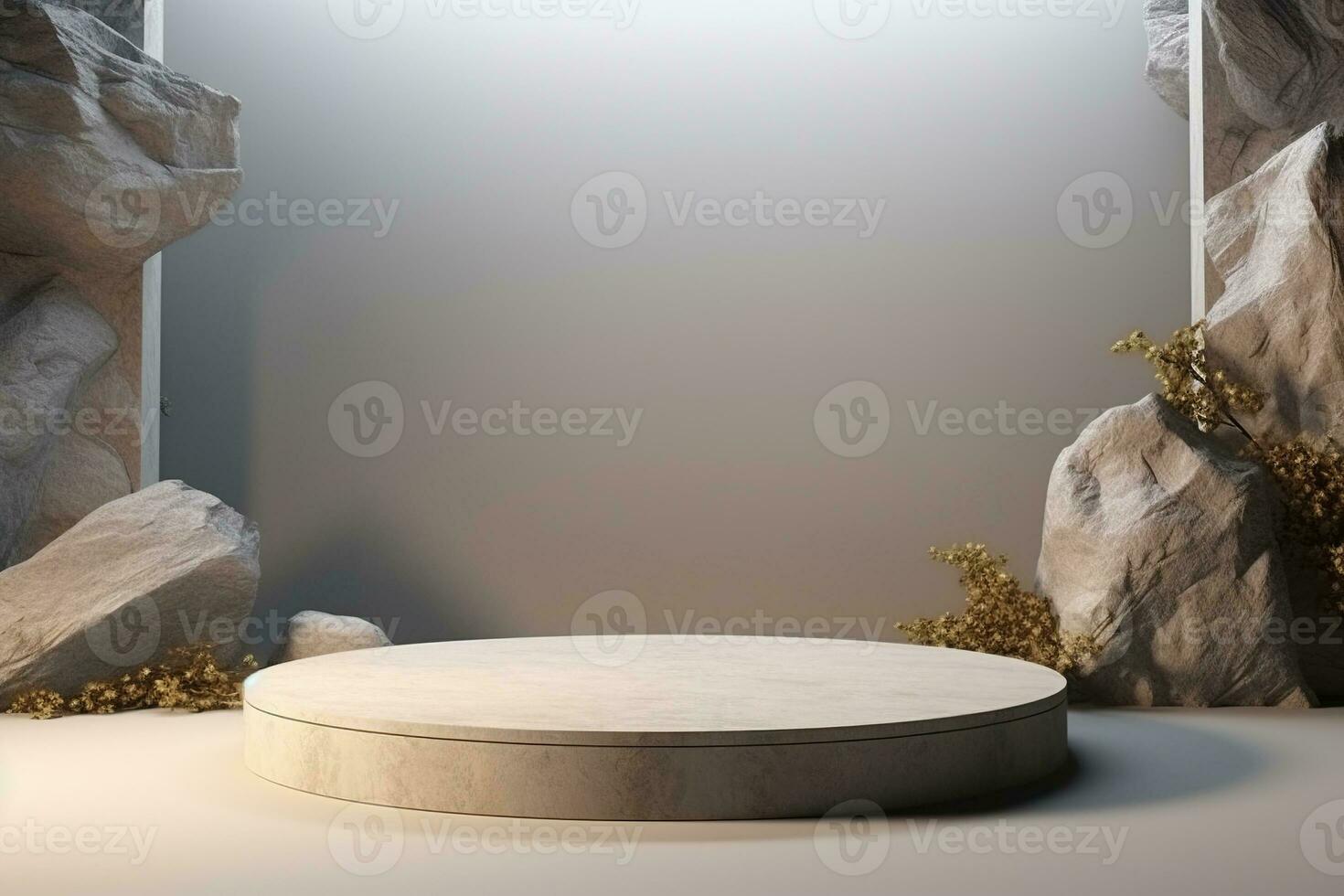 Generative AI, a rock or stone podium nature pedestal stage product display background, empty display showroom photo