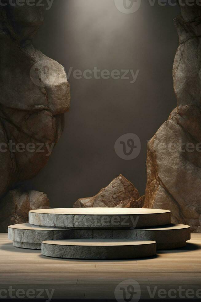 Generative AI, a rock or stone podium nature pedestal stage product display background, empty display showroom photo