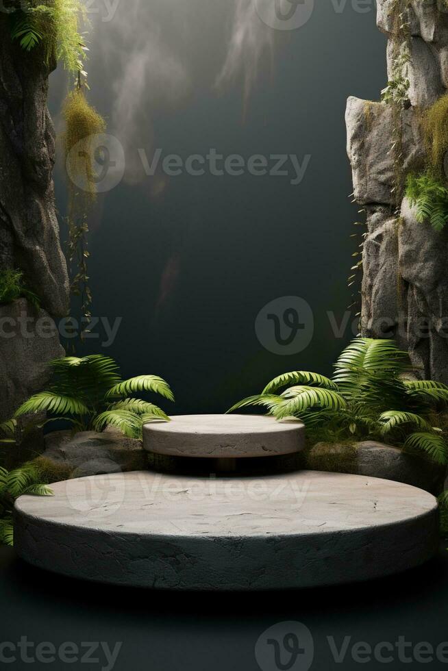 Generative AI, a rock or stone podium nature pedestal stage product display background, empty display showroom photo