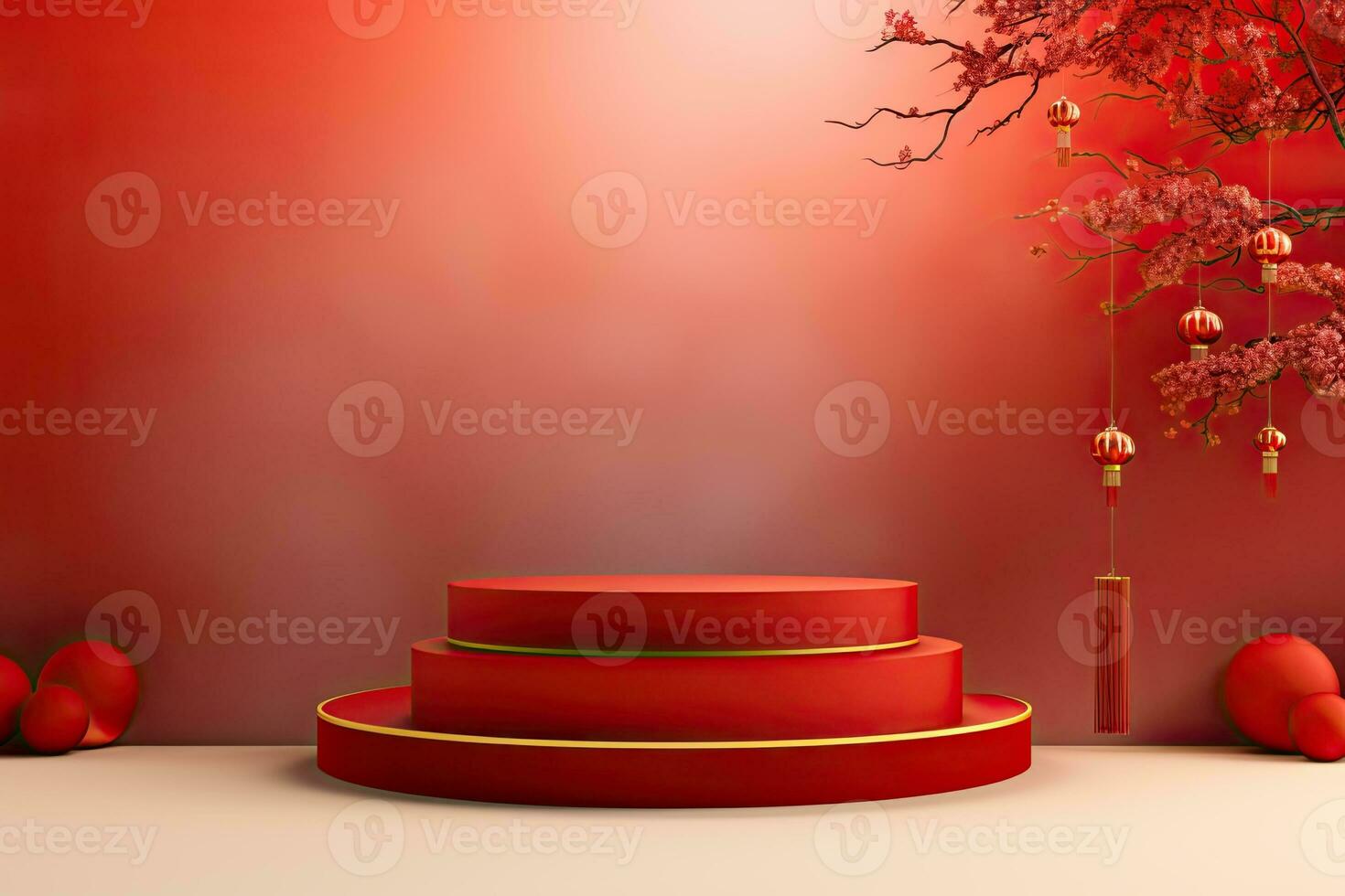 Generative AI, Red podium with lantern chinese new year and gift box product stand podium background pedestal 3d photo