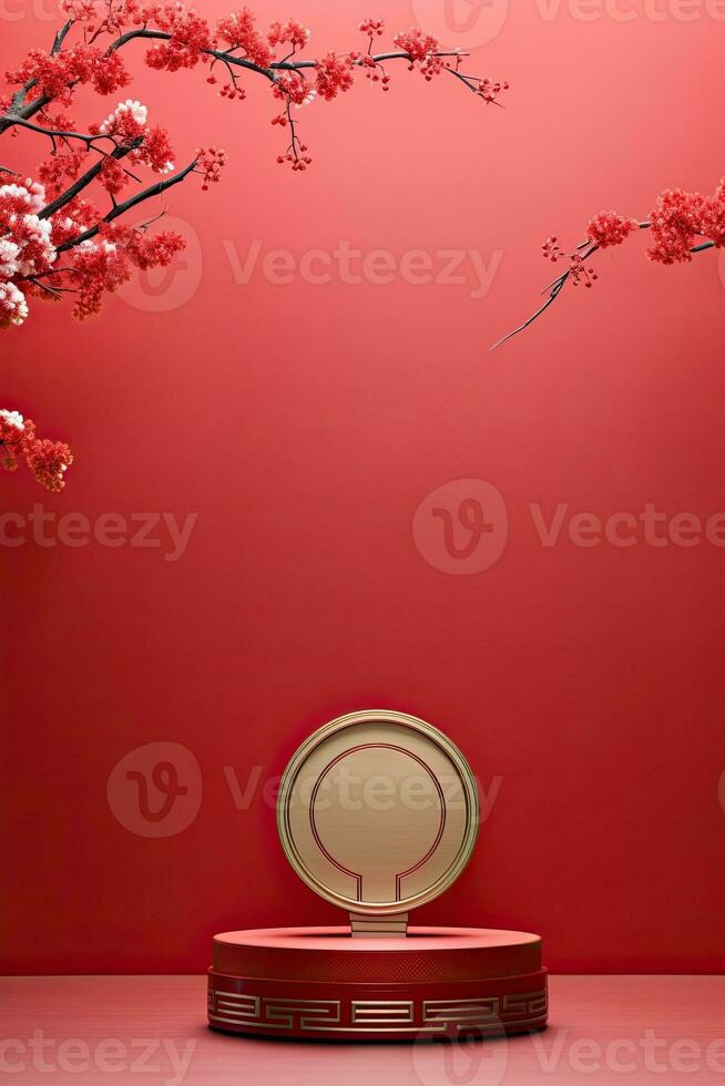 Generative AI, Red podium with lantern chinese new year and gift box product stand podium background pedestal 3d photo