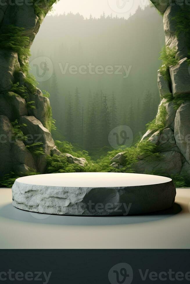 Generative AI, a rock or stone podium nature pedestal stage product display background, empty display showroom photo