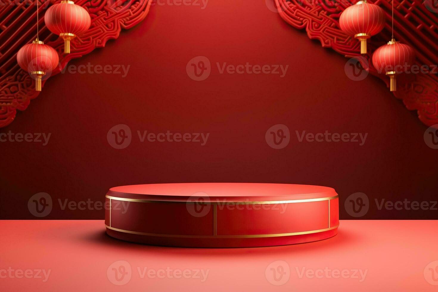 Generative AI, Red podium with lantern chinese new year and gift box product stand podium background pedestal 3d photo