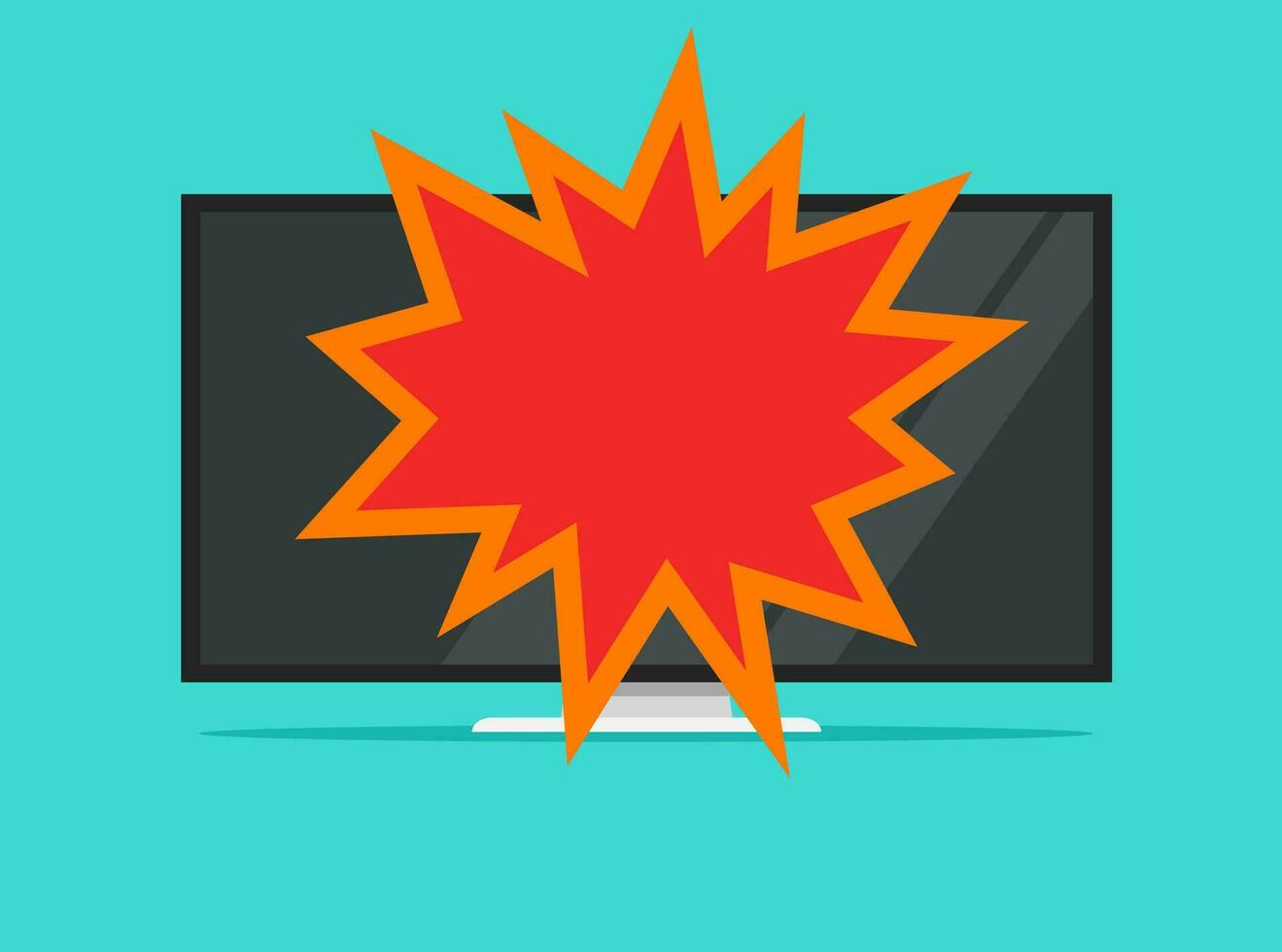 Broken led tv screen or crashed computer monitor vector flat cartoon illustration, destroyed with explosion wide screen television display modern design image