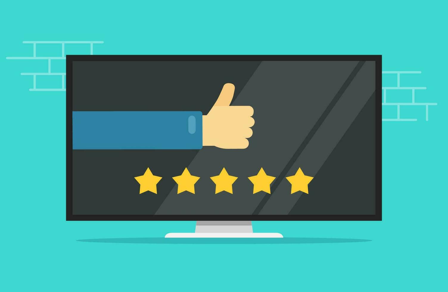 Reviews rating or testimonials feedback online on computer or tv screen vector flat cartoon, concept or pc film or television movie rate stars with thumb up hand modern banner design isolated image