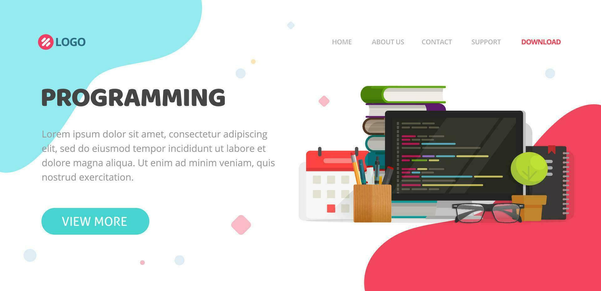 Programming or coding service agency website template design vector layout or mockup flat cartoon, computer programme code on screen as web site landing page layout or banner design