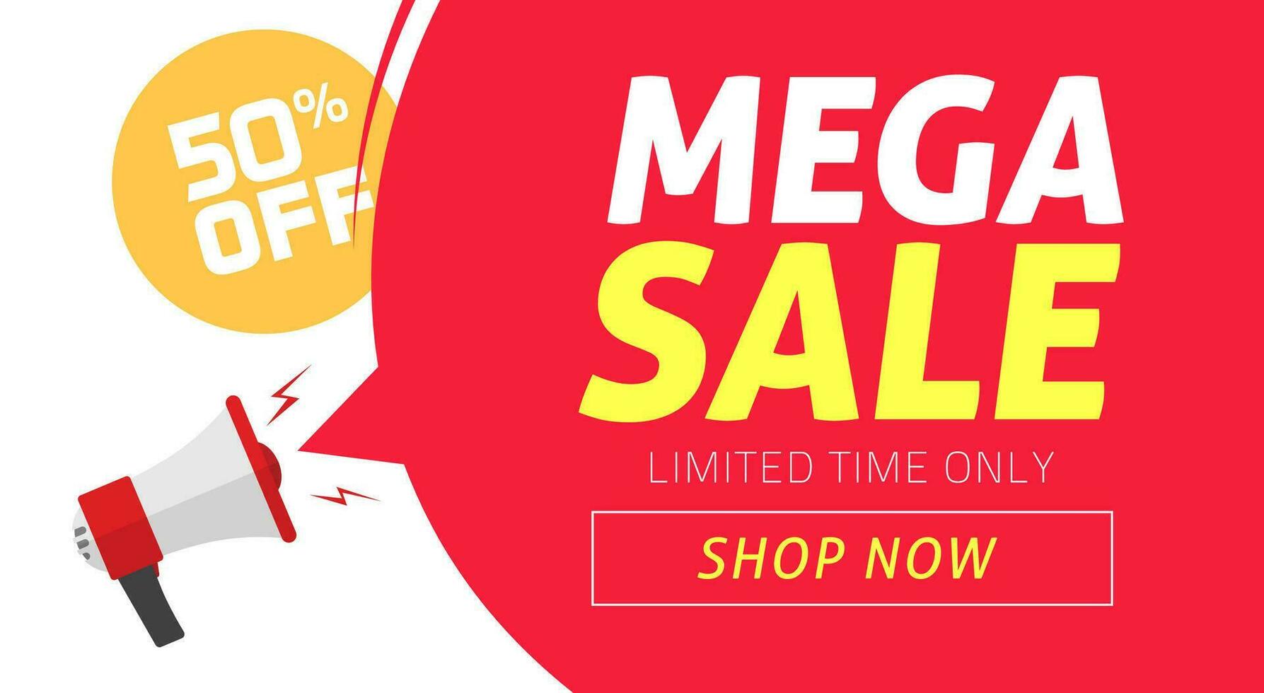 Mega sale banner design with off price discount offer tag and megaphone announce vector illustration, flat clearance promotion or special 50 percent deal off web coupon template or flyer image