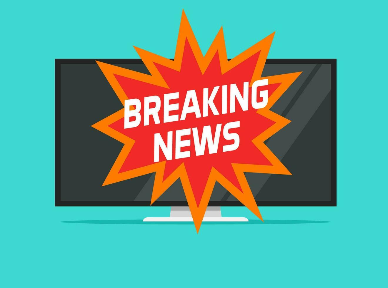 Breaking news sign on tv screen vector illustration flat cartoon, concept of hot news television symbol image