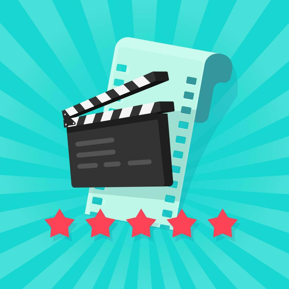 Film or movie cinematography rating or review vector illustration flat cartoon, rate stars with film strip and clapper board, concept of cinema quality image