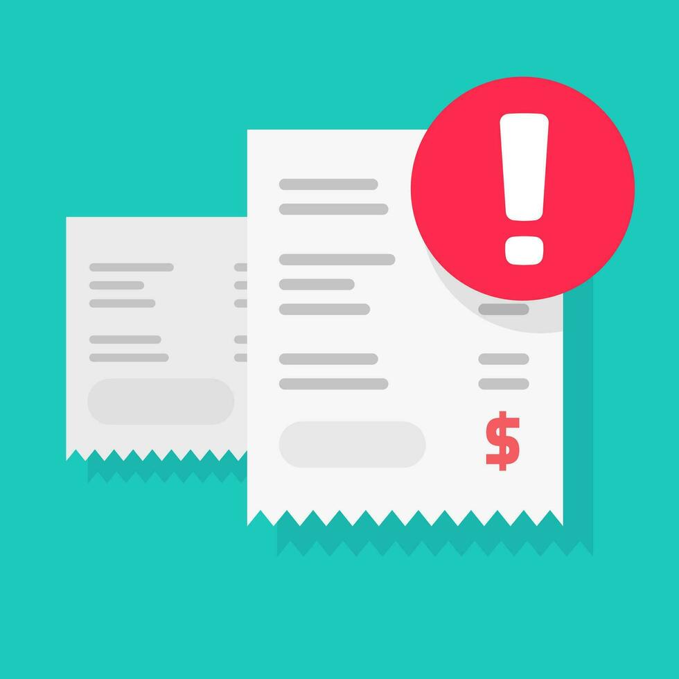 Fraud payment rejected or pay declined caution notification vector illustration flat, bill or invoice receipt with exclamation alert or transaction verification isolated, bad money transfer