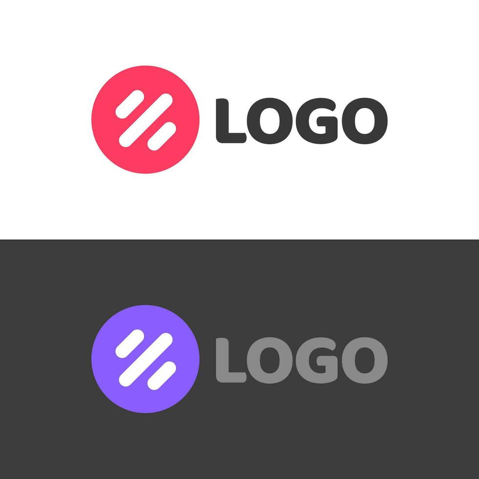 Round abstract logotype with lines or violet and red logo template design vector symbol, simple modern trendy technology brand sign isolated on white and dark background image