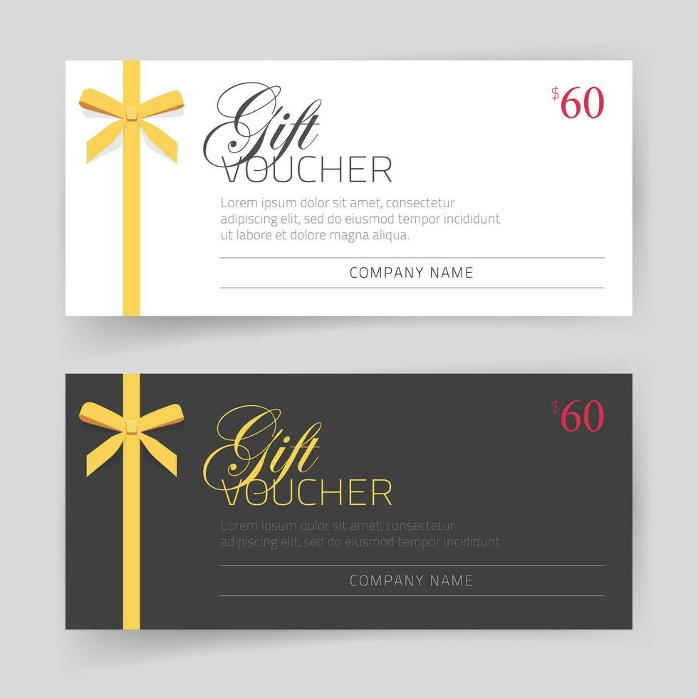 Gift card or voucher vector template design with golden thin gift bow white and black color, modern elegant gift certificate or coupon offer image
