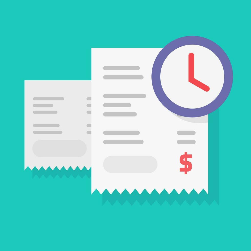Payment schedule time notification reminder or money budget transaction waiting vector, flat cartoon timer or clock with paper receipts, annual tax pay time awaiting image vector
