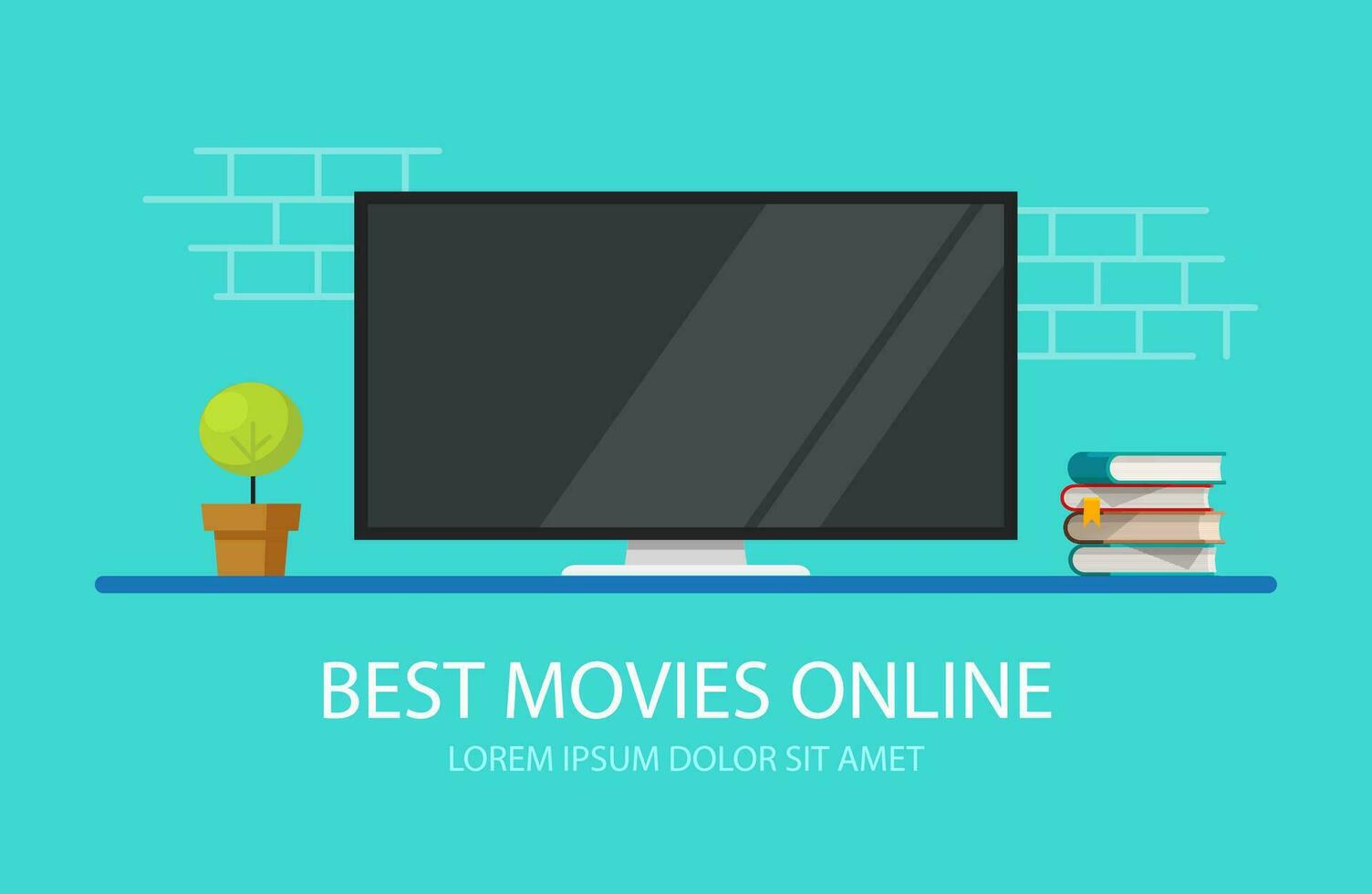 Tv screen or television movie online on desk vector illustration flat cartoon, concept of watching film in modern wall room scene in led wide display, web banner, video streaming, tv stand