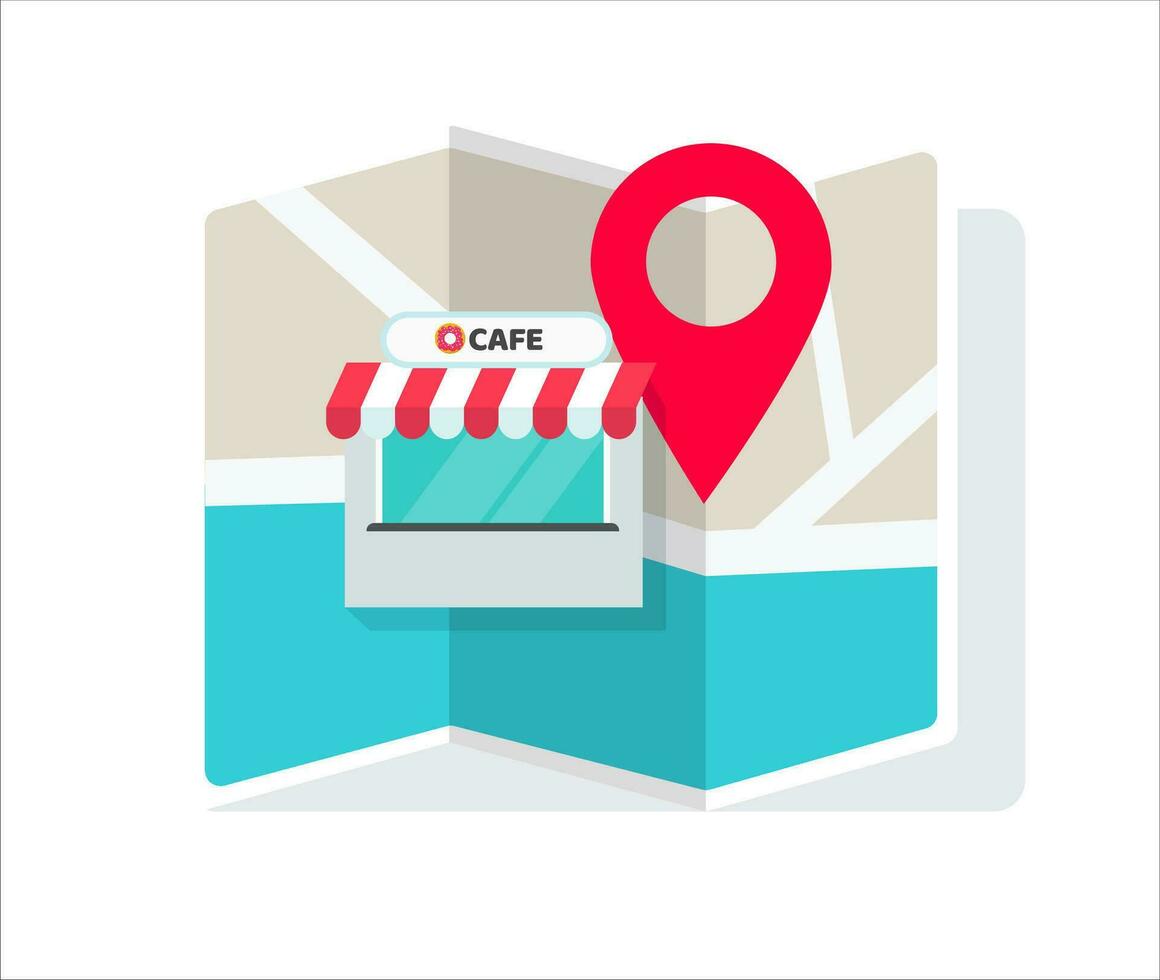 café tienda o Tienda ubicación con alfiler puntero y navegación mapa vector ilustración plano dibujos animados, idea de restaurante posición o sitio geo ubicación firmar aislado imagen