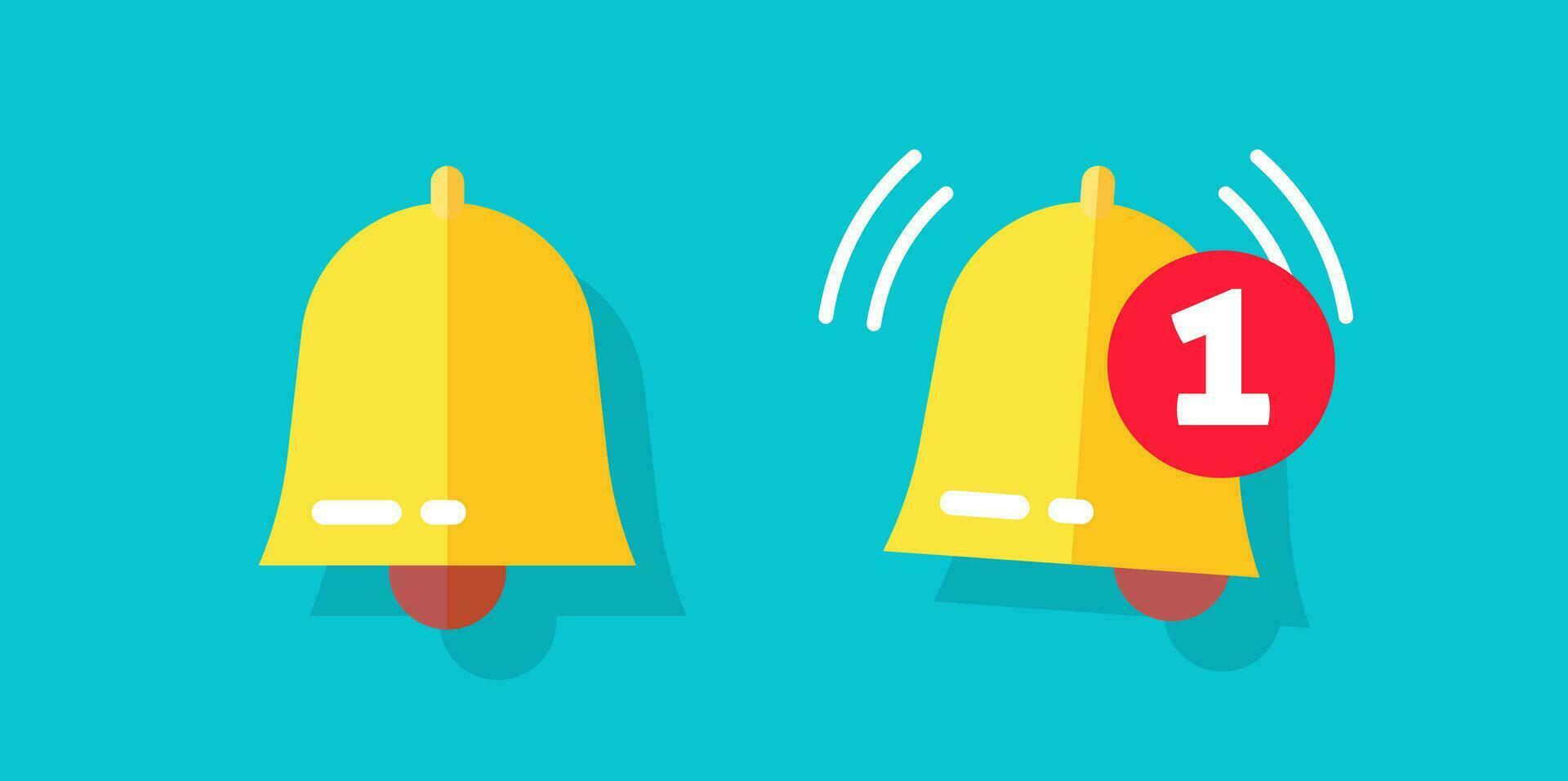Bell icon or doorbell flat cartoon alarm symbol with alert notification as incoming message vector illustration, modern jingle ui element design isolated on blue color background image