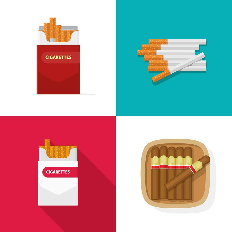 Cigaret pack carton box with cigarettes and luxury cuban cigars vector set flat cartoon isolated clipart image