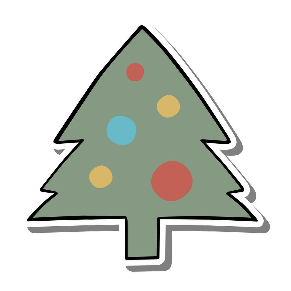 One Line Art Christmas Tree with Green and Colors Ball on white silhouette and gray shadow. Vector illustration for decoration or any design.