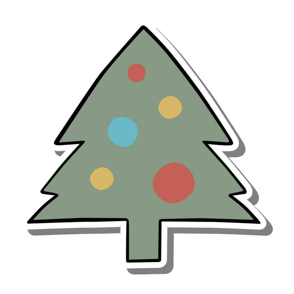 uno línea Arte Navidad árbol con verde y colores pelota en blanco silueta y gris sombra. vector ilustración para decoración o ninguna diseño.