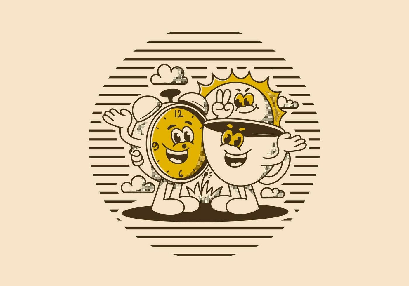 Morning time, coffee time. Mascot character of coffee cup, alarm clock and a sun vector