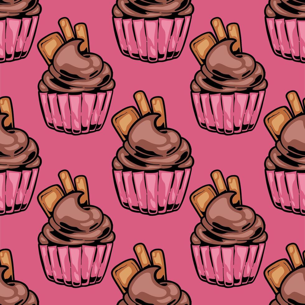 a pattern with chocolate cupcakes on a pink background vector