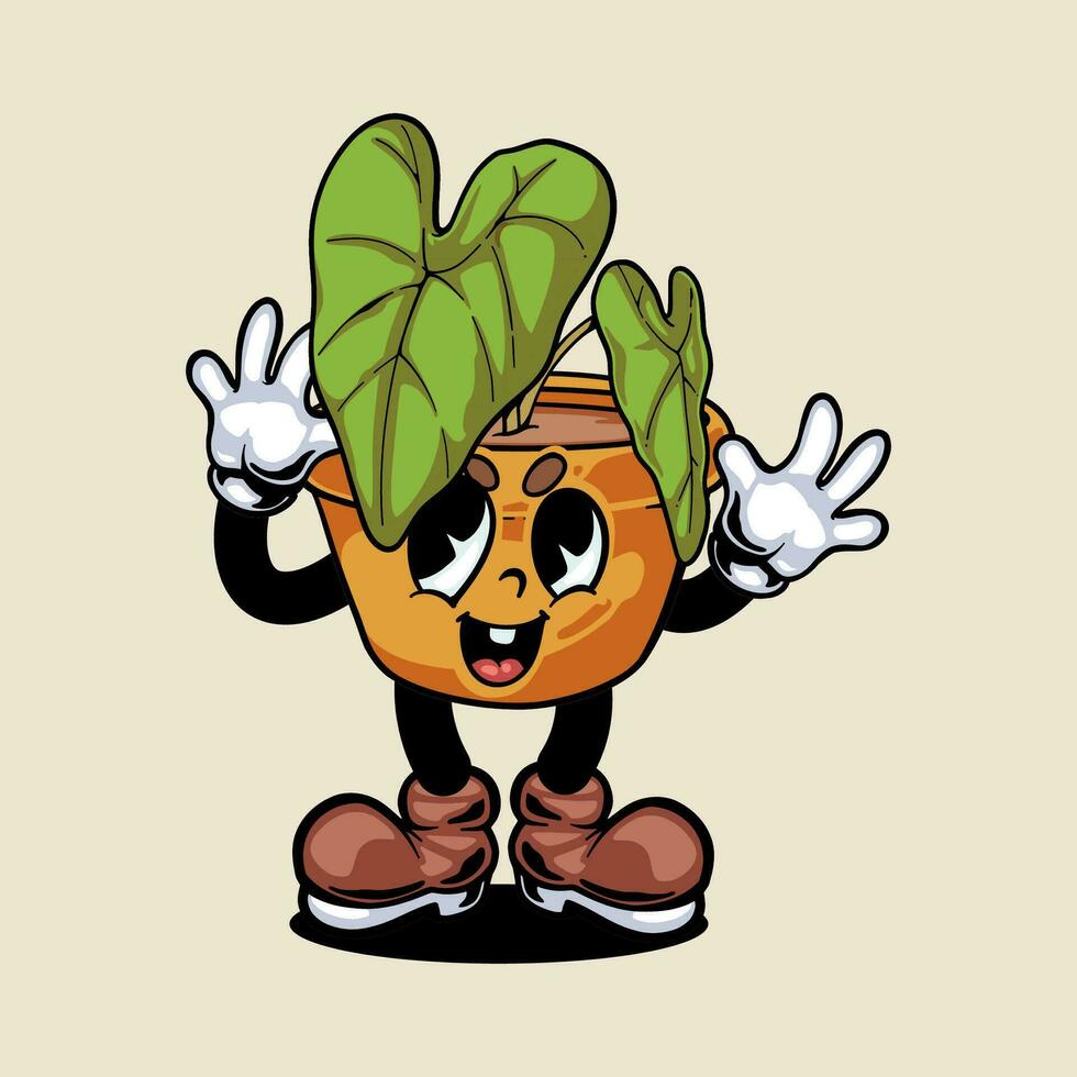 VINTAGE STYLE CARTOON CHARACTER PLANT POT ILLUSTRATION. vector