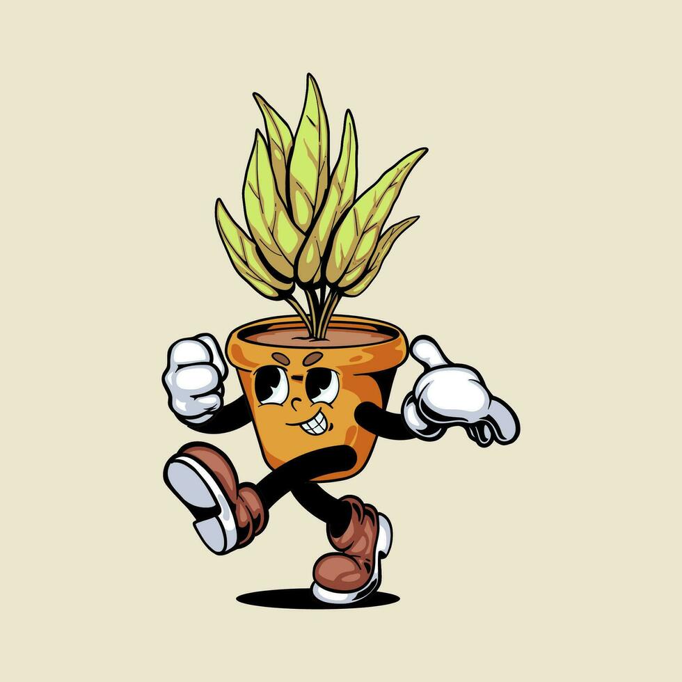 Clásico estilo dibujos animados personaje planta maceta ilustración. vector