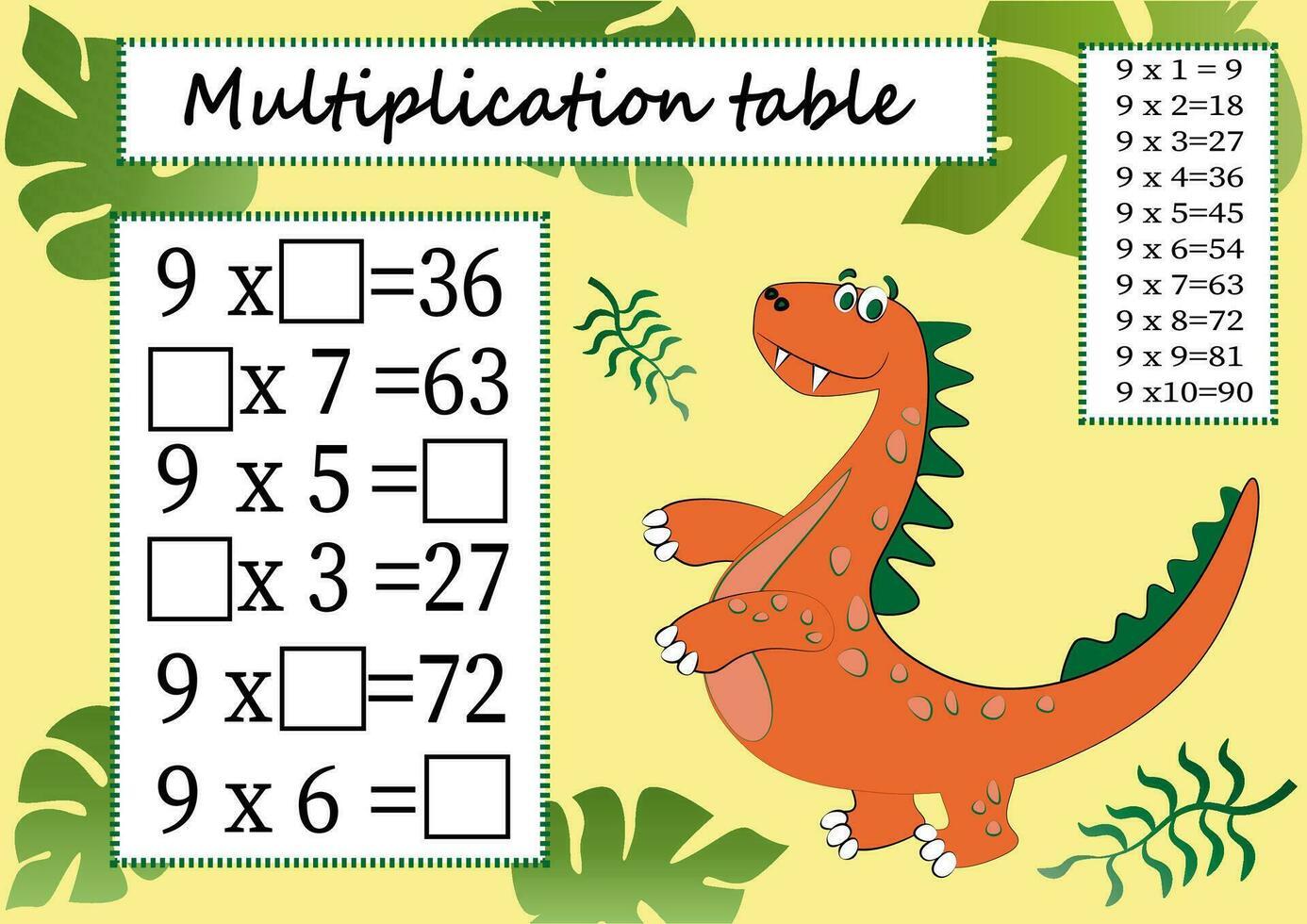 multiplicación mesa por 9 9 con un tarea a consolidar el conocimiento de multiplicación. vistoso dibujos animados multiplicación mesa vector para enseñando matemáticas. dinosaurios eps10