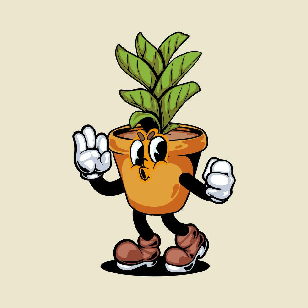 VINTAGE STYLE CARTOON CHARACTER PLANT POT ILLUSTRATION. vector