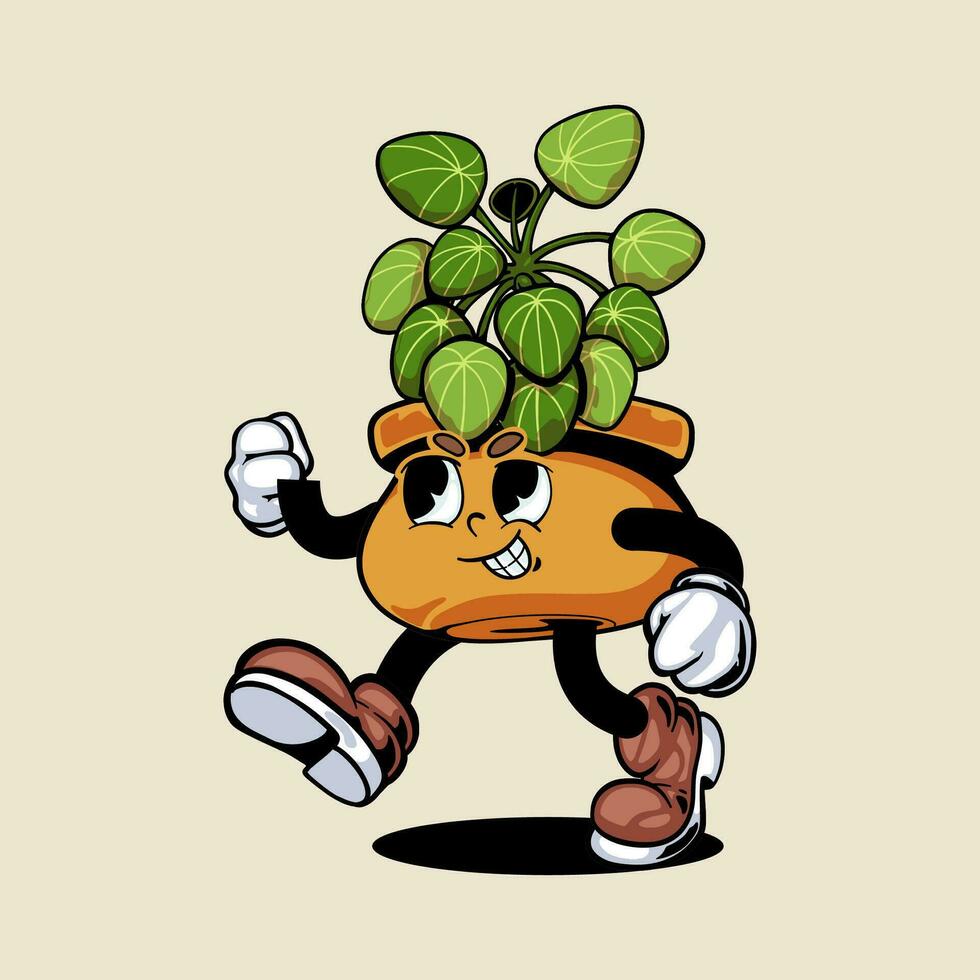 VINTAGE STYLE CARTOON CHARACTER PLANT POT ILLUSTRATION. vector