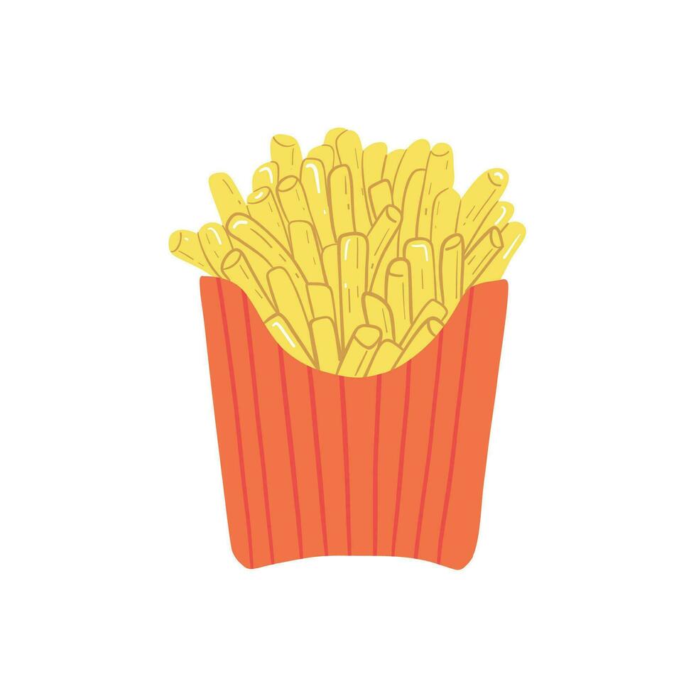 Fried potato in pack box. French fries. Street fast food concept. Junk food. Takeaway food snacks. Hand drawn vector design