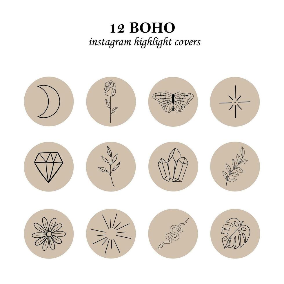 Collection of highlights covers. Different boho outline elements. Round icons. Moon, flowers, diamond, stars, butterfly, snake. Esoteric theme. Hand drawn vector design