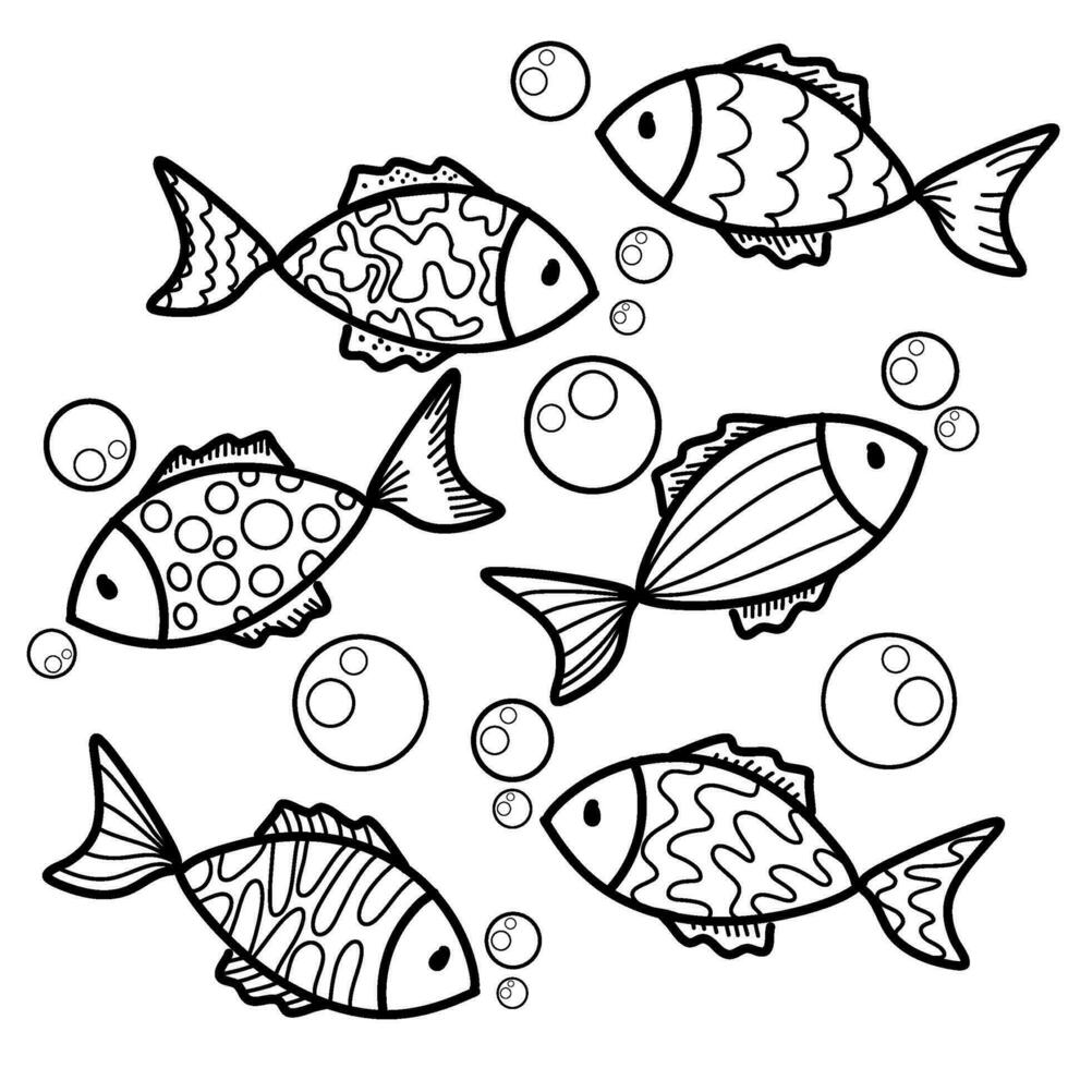 un grupo de pescado nadando en el Oceano colorante página vector