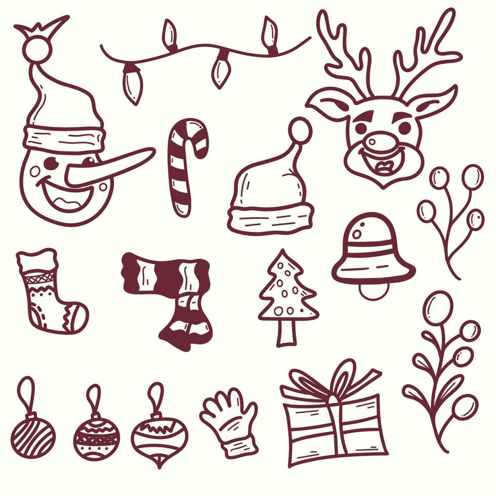 Hand Draw Outline Set Collection Christmas elements clipart with tree, snowman, gnome, gift, Santa, reindeer and floral on white background. vector